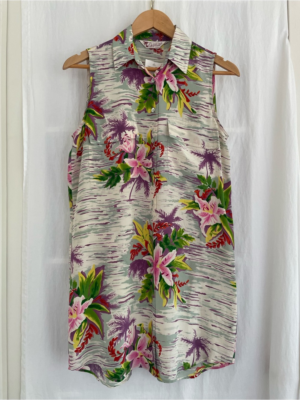 Sleeveless Silk Floral Collared Mini Dress in Pink, Green & Purple
